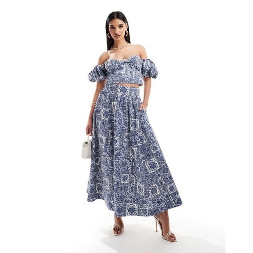 Abercrombie & Fitch Blue Tile Off the Shoulder Smocked Top Skirt Set S/ST Poplin